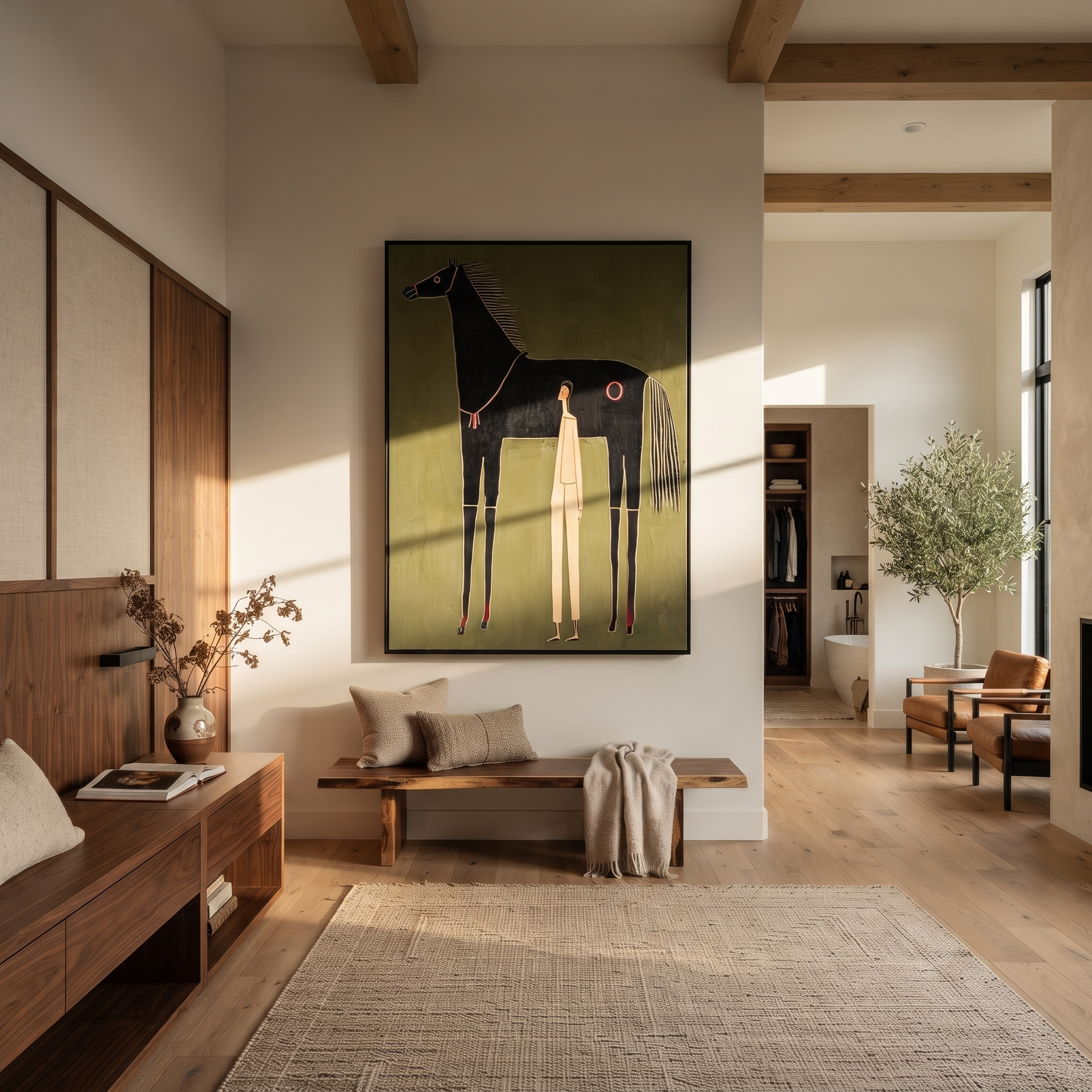 The Quiet Handler Meets the Black Horse - black horse and figure painting by Isabelle Laurent, modern Western vertical wall art – styled room scene view 4