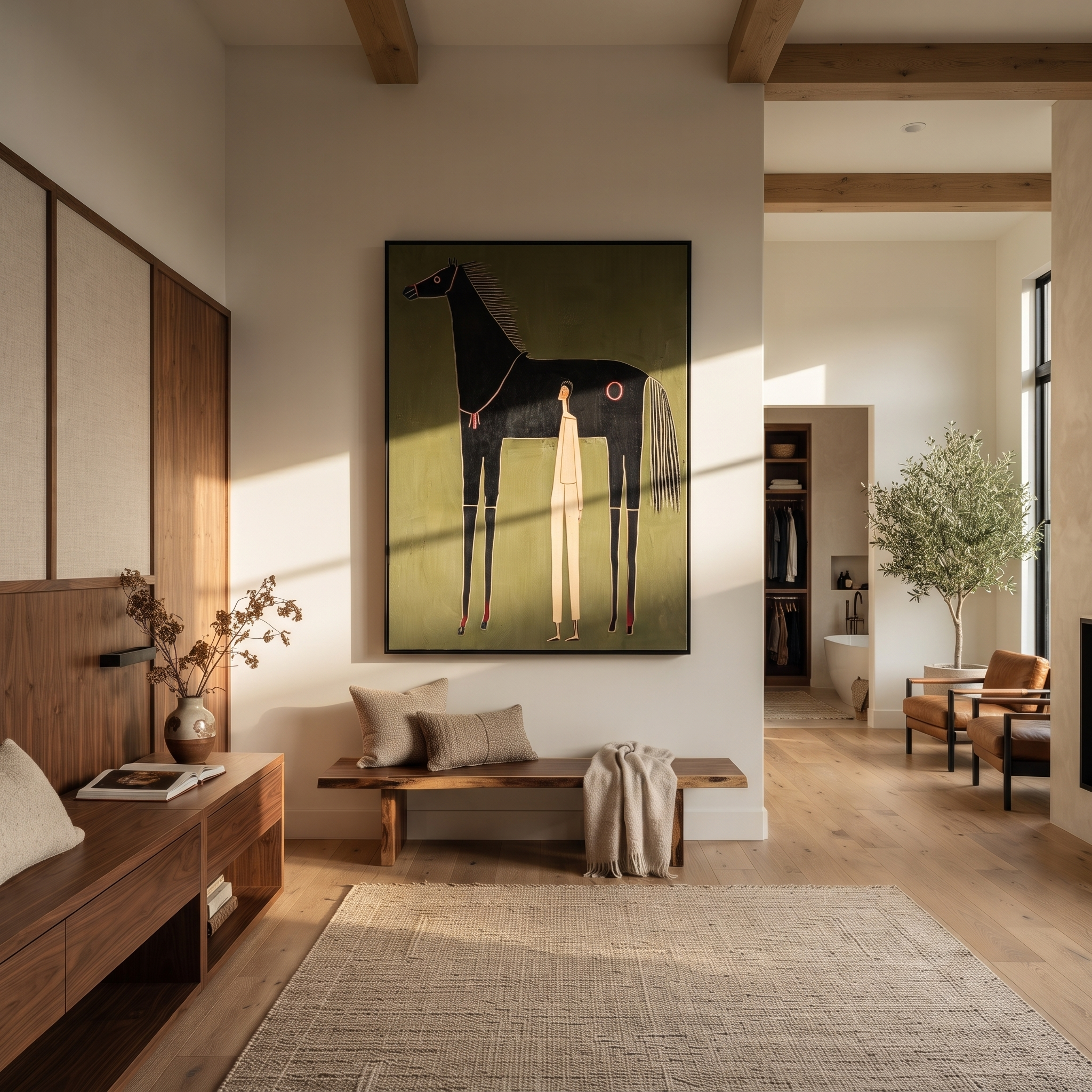 The Quiet Handler Meets the Black Horse - black horse and figure painting by Isabelle Laurent, modern Western vertical wall art – styled room scene view 4