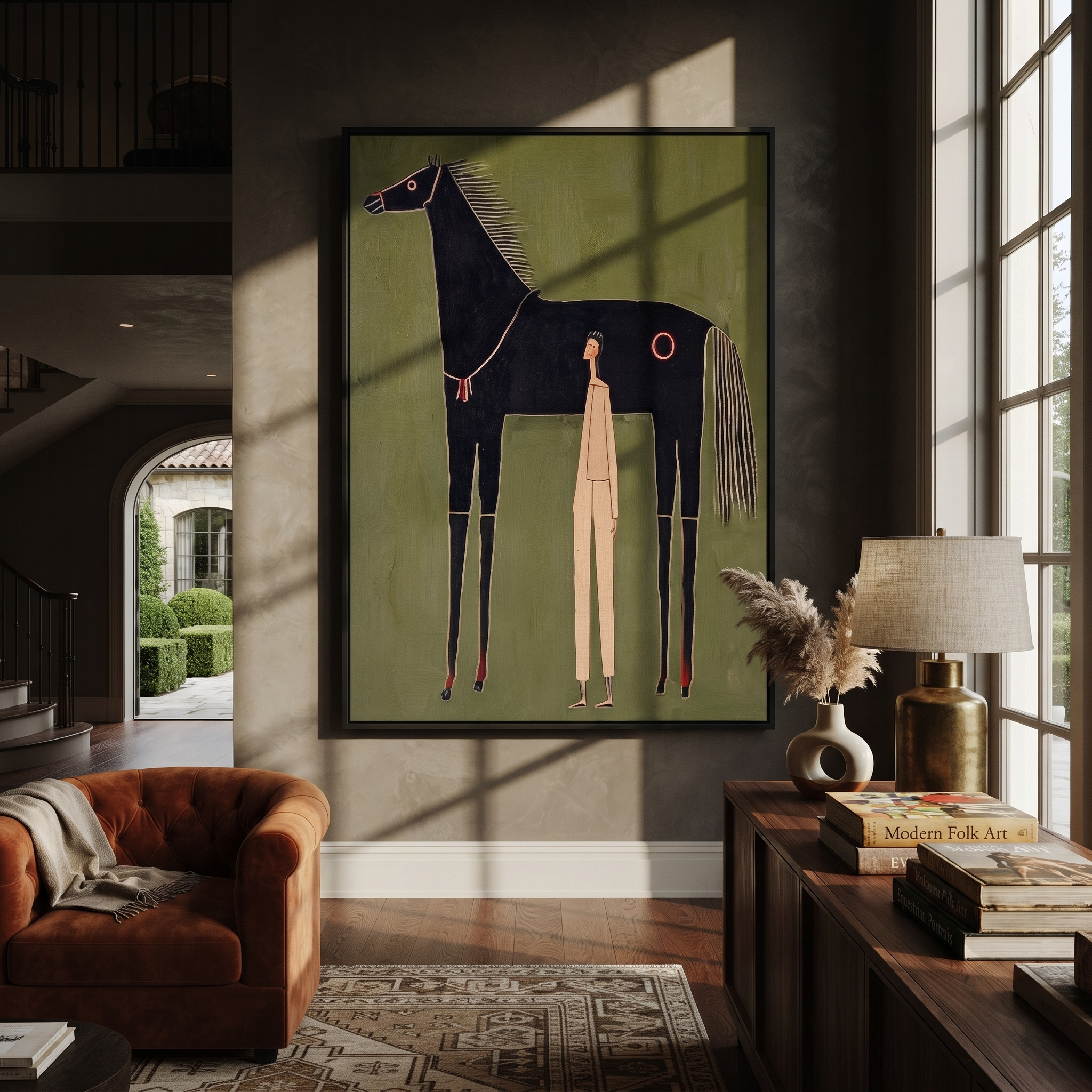 The Quiet Handler Meets the Black Horse - black horse and figure painting by Isabelle Laurent, modern Western vertical wall art – styled room scene view 5