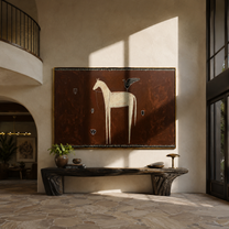 Ivory Horse Waits among Small Shields - white horse folk painting by Isabelle Laurent, modern Western horizontal wall art – styled room scene view 1