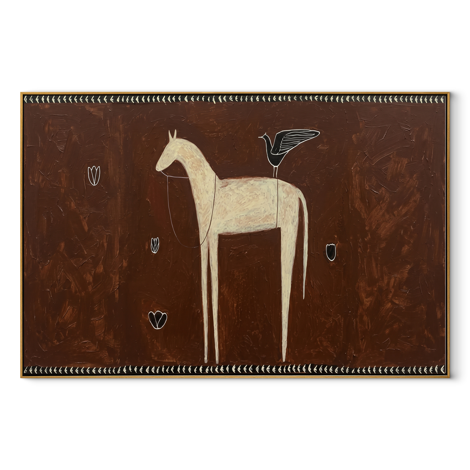 Ivory Horse Waits among Small Shields - white horse folk painting by Isabelle Laurent, modern Western horizontal wall art – wood frame on white background