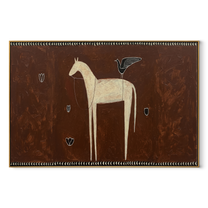 Ivory Horse Waits among Small Shields - white horse folk painting by Isabelle Laurent, modern Western horizontal wall art – wood frame on white background