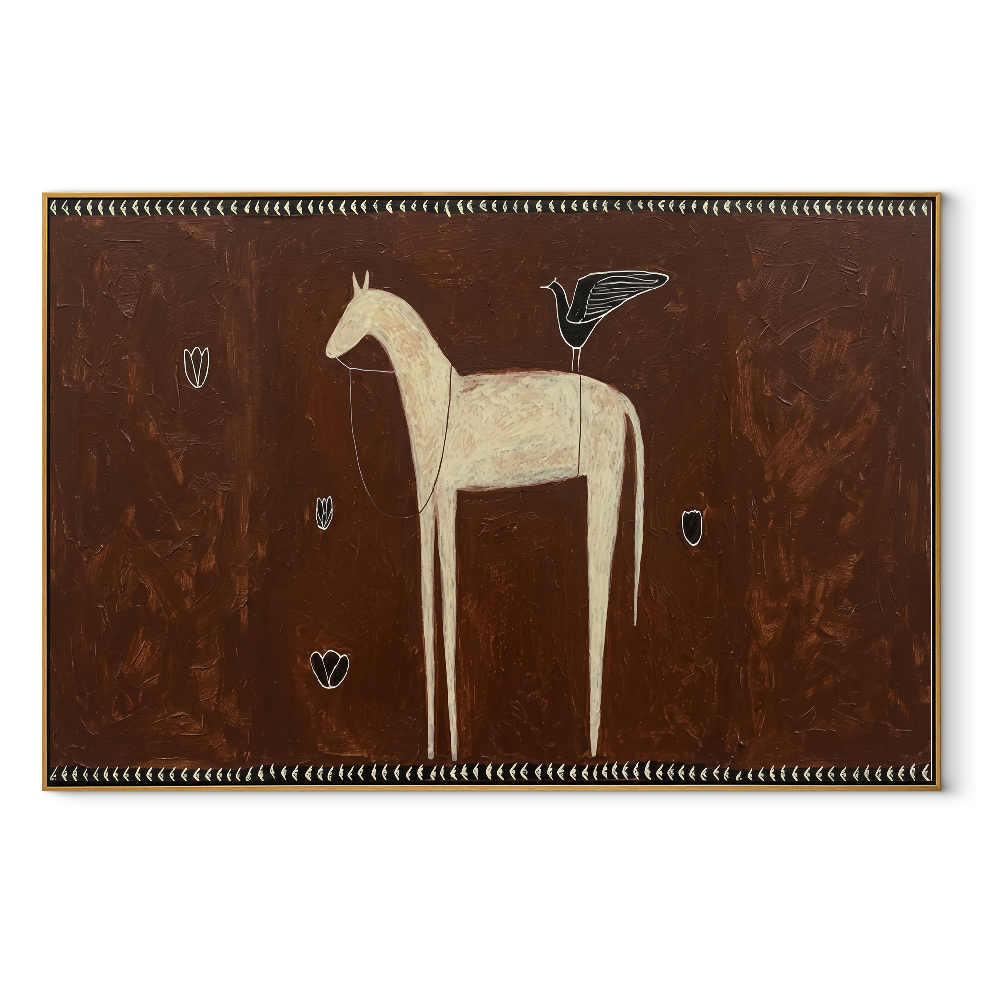 Ivory Horse Waits among Small Shields - white horse folk painting by Isabelle Laurent, modern Western horizontal wall art – wood frame on white background