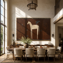 Ivory Horse Waits among Small Shields - white horse folk painting by Isabelle Laurent, modern Western horizontal wall art – styled room scene view 2