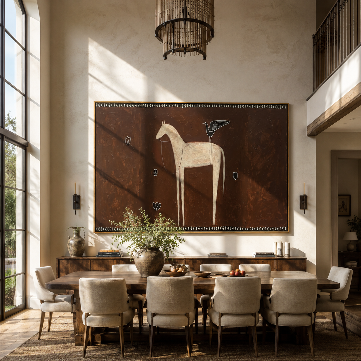 Ivory Horse Waits among Small Shields - white horse folk painting by Isabelle Laurent, modern Western horizontal wall art – styled room scene view 2