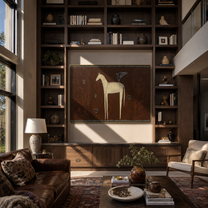 Ivory Horse Waits among Small Shields - white horse folk painting by Isabelle Laurent, modern Western horizontal wall art – styled room scene view 3