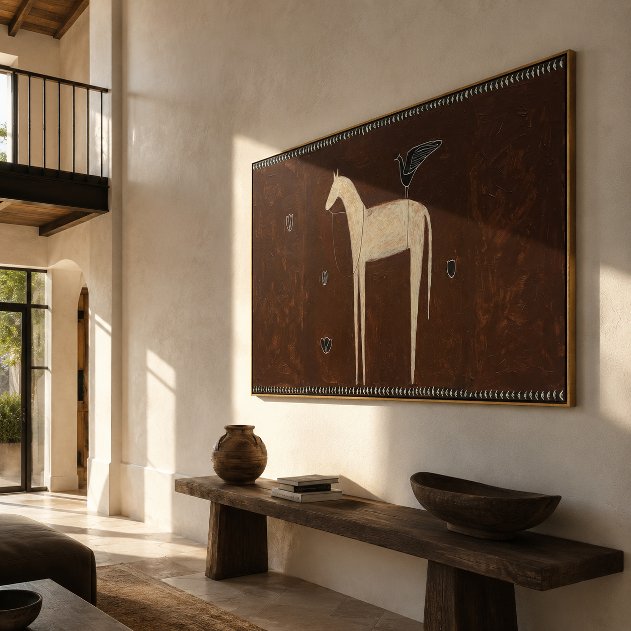 Ivory Horse Waits among Small Shields - white horse folk painting by Isabelle Laurent, modern Western horizontal wall art – styled room scene view 4