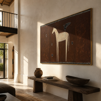 Ivory Horse Waits among Small Shields - white horse folk painting by Isabelle Laurent, modern Western horizontal wall art – styled room scene view 4