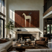 Ivory Horse Waits among Small Shields - white horse folk painting by Isabelle Laurent, modern Western horizontal wall art – styled room scene view 5