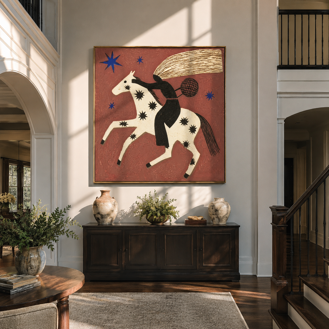 Black Rider Flies across the Star Horse - starry white horse rider painting by Isabelle Laurent, modern Western square wall art – styled room scene view 1