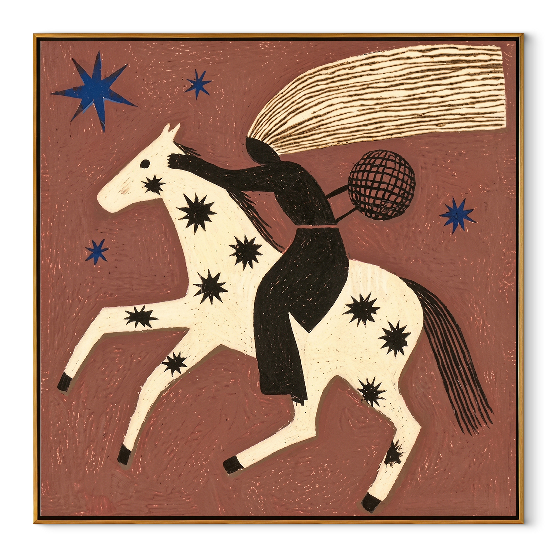 Black Rider Flies across the Star Horse - starry white horse rider painting by Isabelle Laurent, modern Western square wall art – wood frame on white background