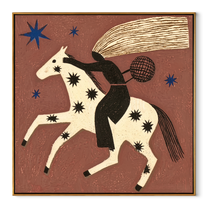 Black Rider Flies across the Star Horse - starry white horse rider painting by Isabelle Laurent, modern Western square wall art – wood frame on white background