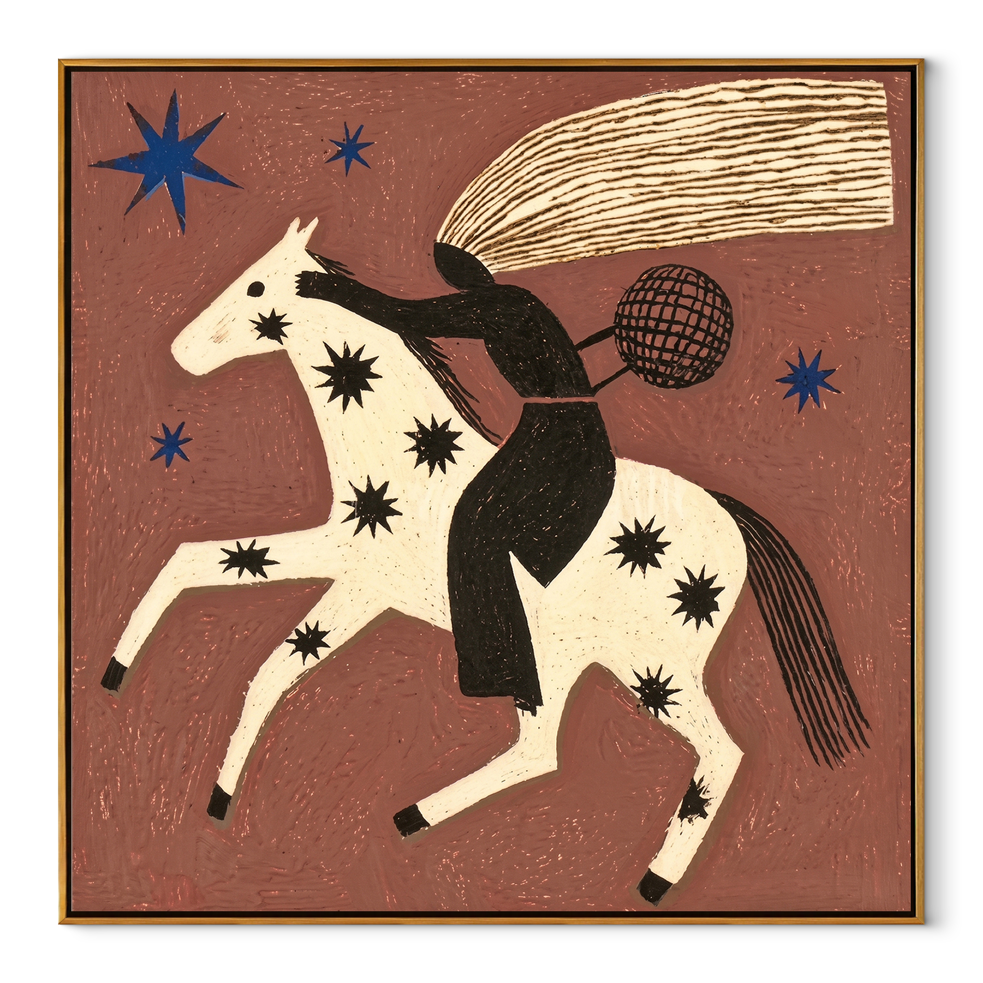Black Rider Flies across the Star Horse - starry white horse rider painting by Isabelle Laurent, modern Western square wall art – wood frame on white background