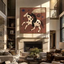 Black Rider Flies across the Star Horse - starry white horse rider painting by Isabelle Laurent, modern Western square wall art – styled room scene view 2