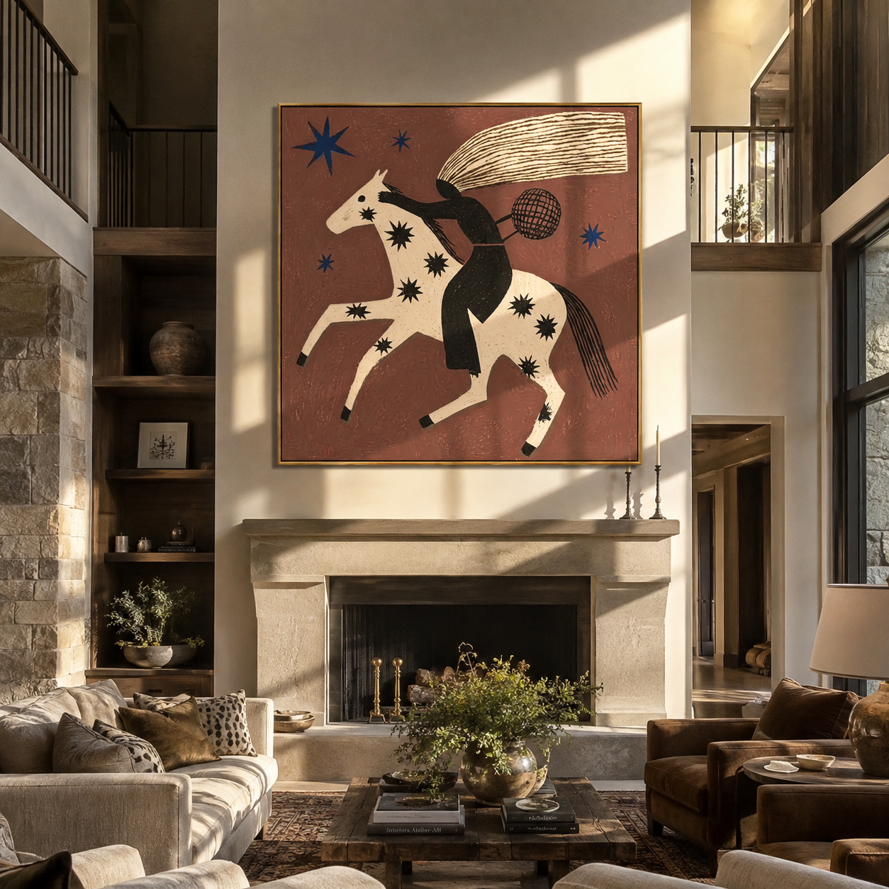 Black Rider Flies across the Star Horse - starry white horse rider painting by Isabelle Laurent, modern Western square wall art – styled room scene view 2