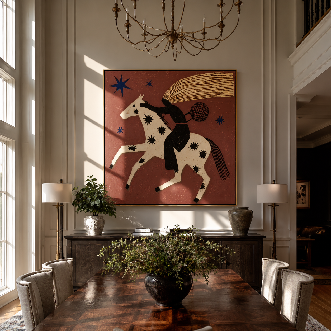 Black Rider Flies across the Star Horse - starry white horse rider painting by Isabelle Laurent, modern Western square wall art – styled room scene view 3