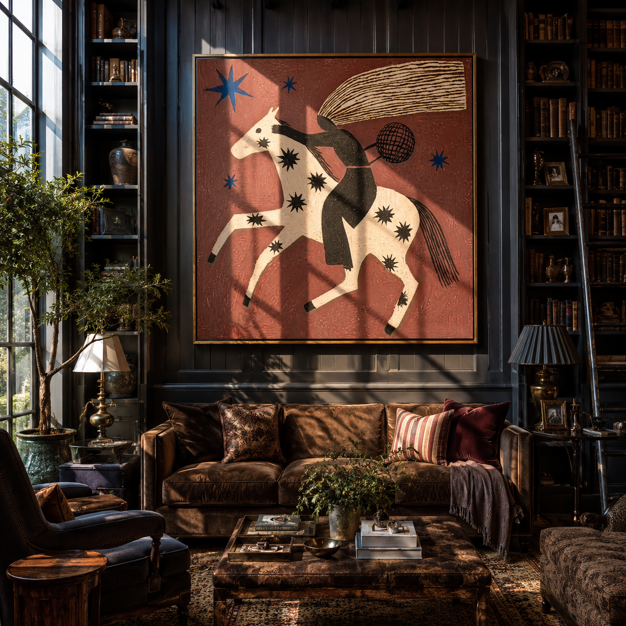 Black Rider Flies across the Star Horse - starry white horse rider painting by Isabelle Laurent, modern Western square wall art – styled room scene view 4