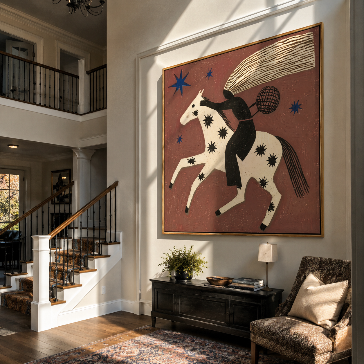 Black Rider Flies across the Star Horse - starry white horse rider painting by Isabelle Laurent, modern Western square wall art – styled room scene view 5
