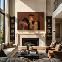 Two Riders Meet between Pink Horses - two horse and figures painting by Isabelle Laurent, modern Western horizontal wall art – styled room scene view 1