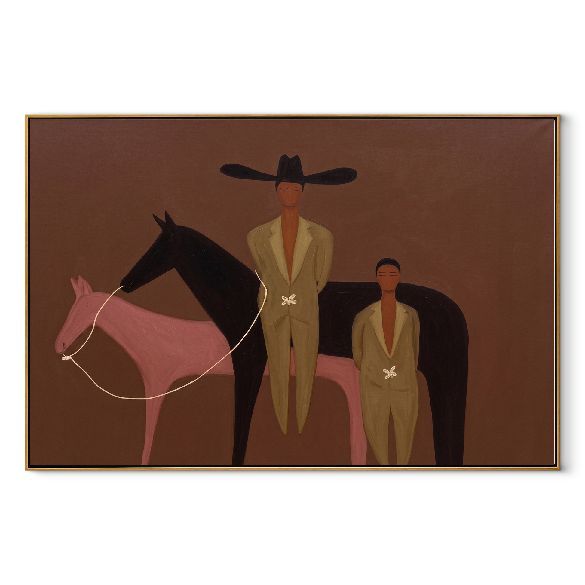 Two Riders Meet between Pink Horses - two horse and figures painting by Isabelle Laurent, modern Western horizontal wall art – wood frame on white background