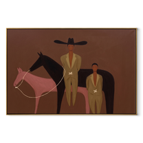 Two Riders Meet between Pink Horses - two horse and figures painting by Isabelle Laurent, modern Western horizontal wall art – wood frame on white background
