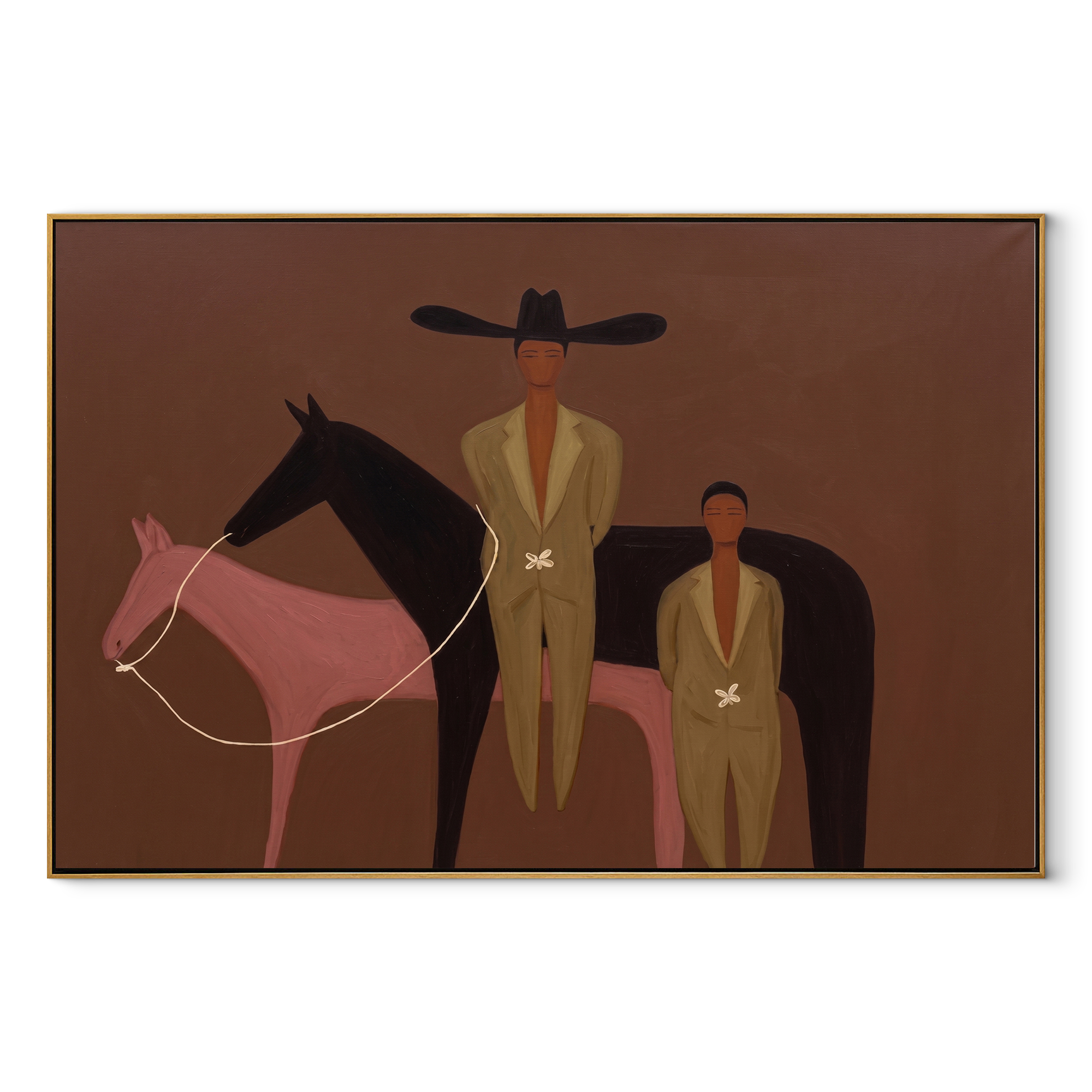 Two Riders Meet between Pink Horses - two horse and figures painting by Isabelle Laurent, modern Western horizontal wall art – wood frame on white background