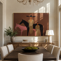 Two Riders Meet between Pink Horses - two horse and figures painting by Isabelle Laurent, modern Western horizontal wall art – styled room scene view 2