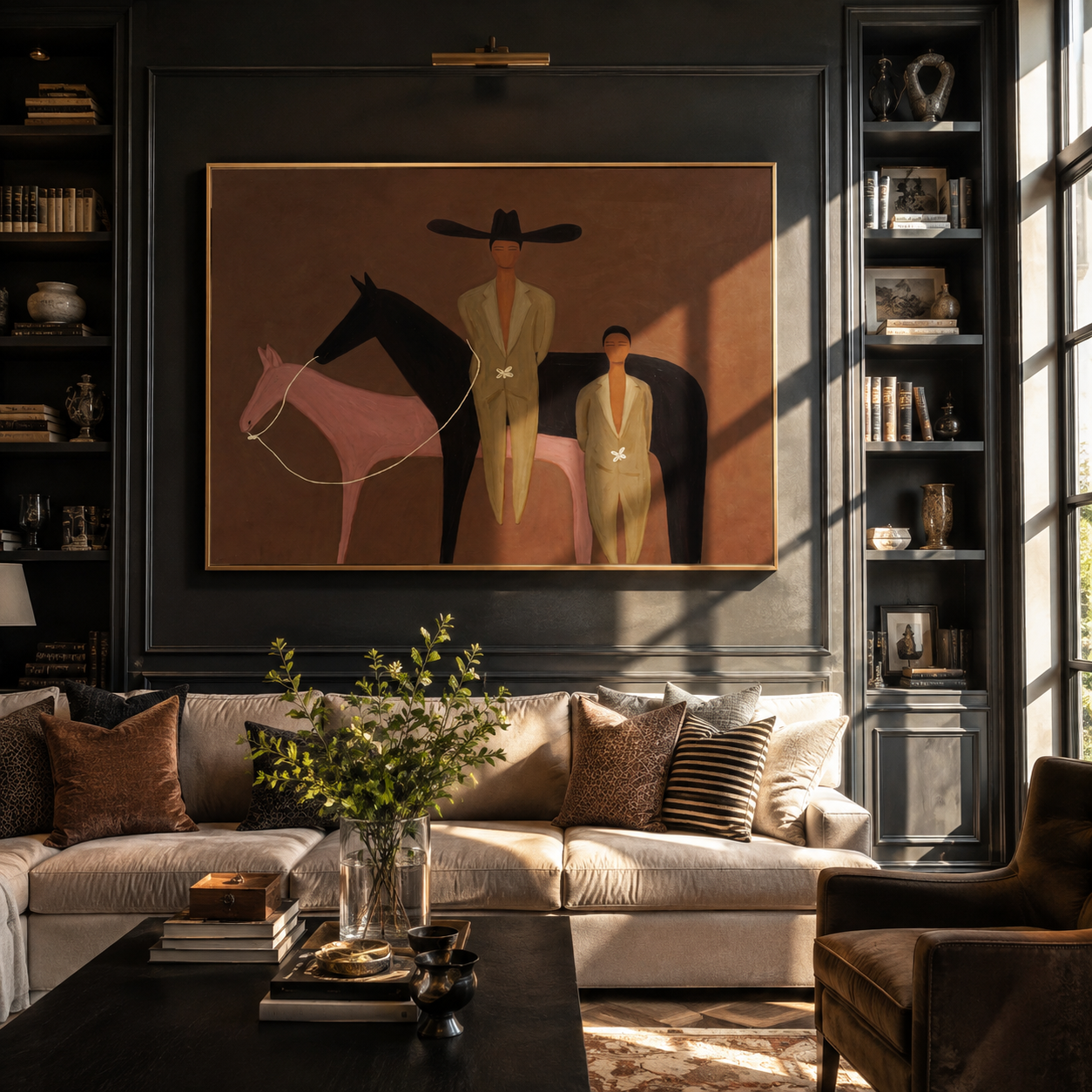 Two Riders Meet between Pink Horses - two horse and figures painting by Isabelle Laurent, modern Western horizontal wall art – styled room scene view 3