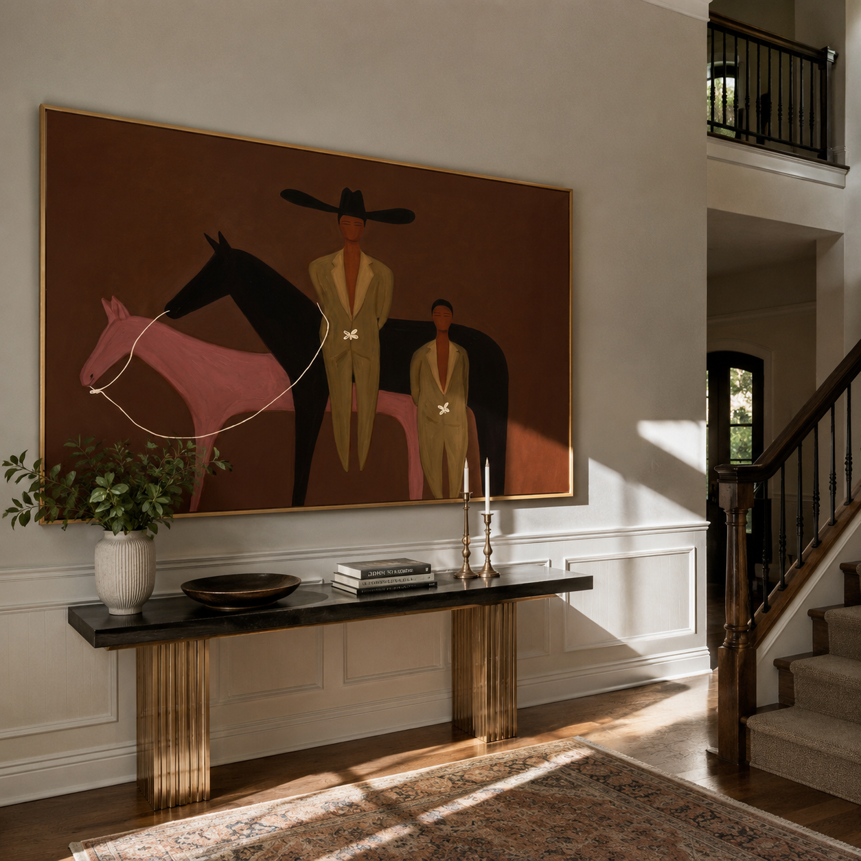 Two Riders Meet between Pink Horses - two horse and figures painting by Isabelle Laurent, modern Western horizontal wall art – styled room scene view 4