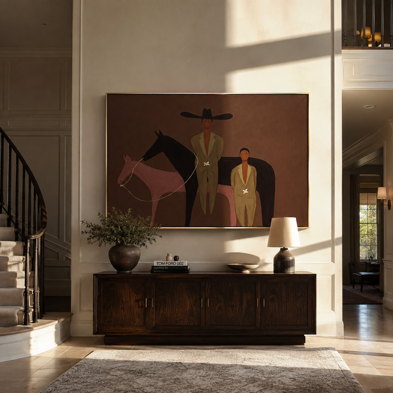 Two Riders Meet between Pink Horses - two horse and figures painting by Isabelle Laurent, modern Western horizontal wall art – styled room scene view 5
