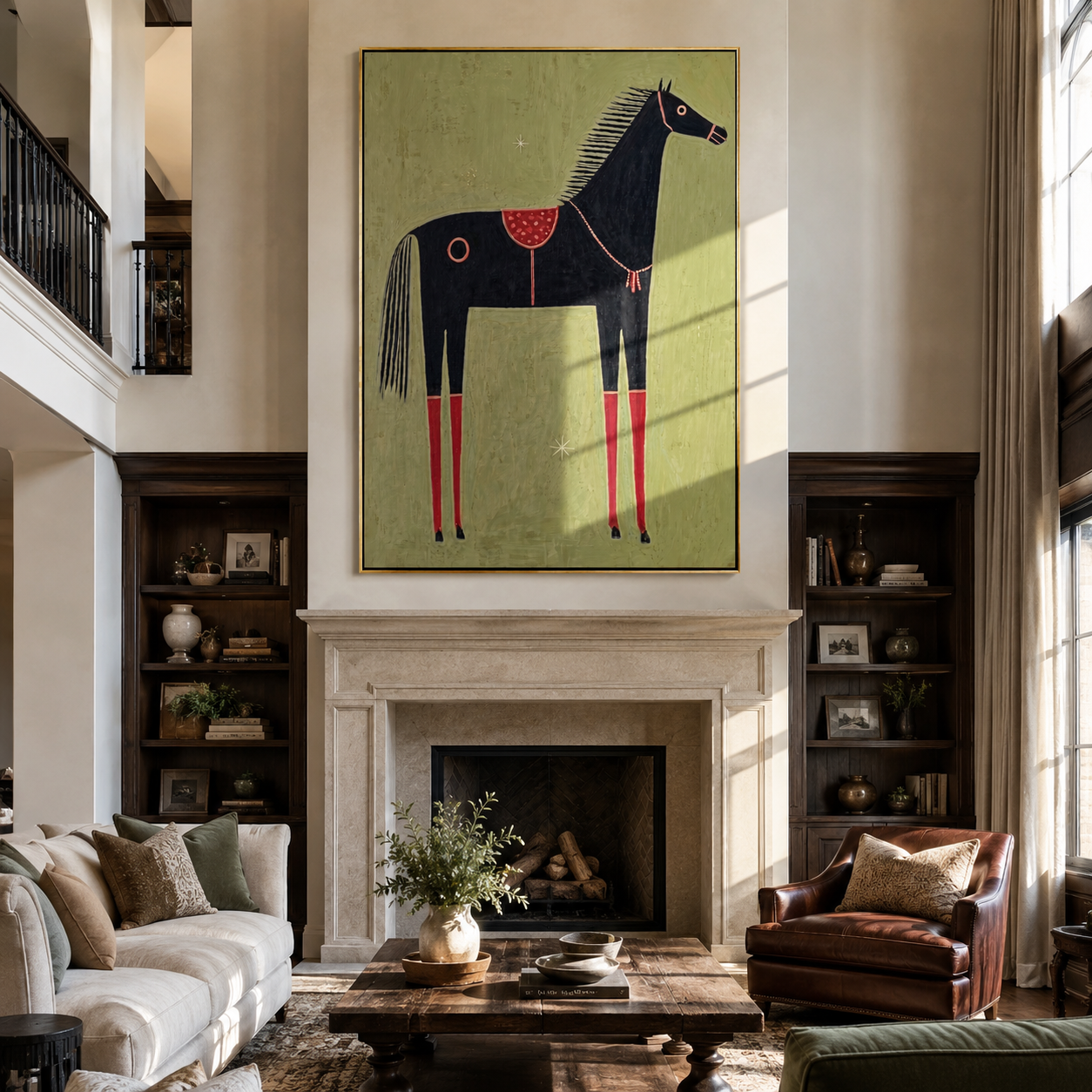 Red Legs Ground the Black Horse - decorative black horse painting by Isabelle Laurent, modern Western vertical wall art – styled room scene view 1