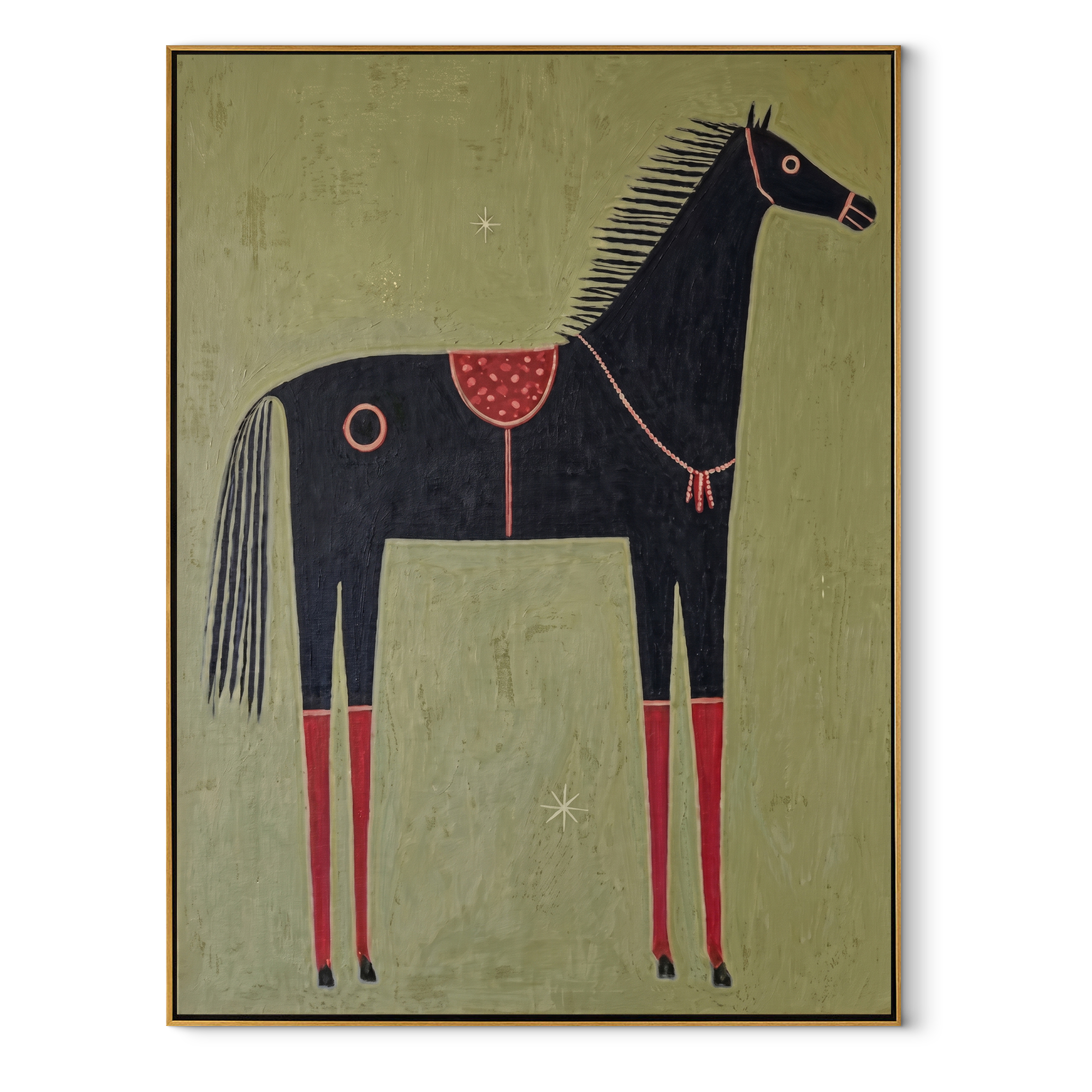 Red Legs Ground the Black Horse - decorative black horse painting by Isabelle Laurent, modern Western vertical wall art – wood frame on white background