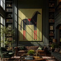 Red Legs Ground the Black Horse - decorative black horse painting by Isabelle Laurent, modern Western vertical wall art – styled room scene view 2