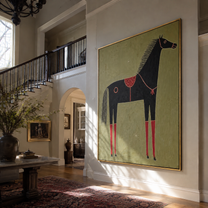 Red Legs Ground the Black Horse - decorative black horse painting by Isabelle Laurent, modern Western vertical wall art – styled room scene view 3