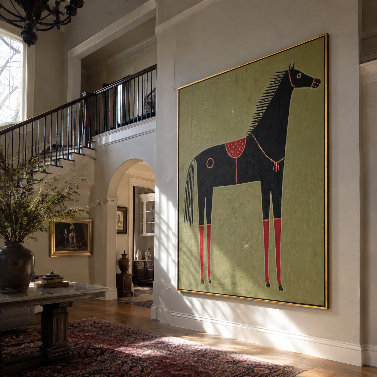 Red Legs Ground the Black Horse - decorative black horse painting by Isabelle Laurent, modern Western vertical wall art – styled room scene view 3