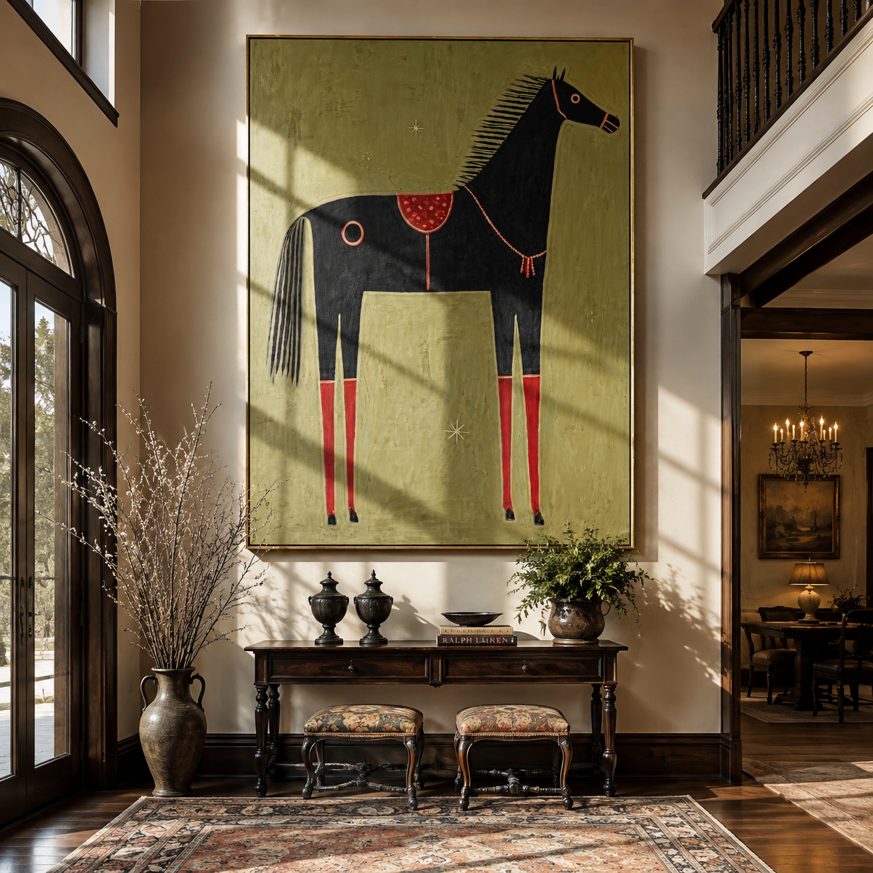 Red Legs Ground the Black Horse - decorative black horse painting by Isabelle Laurent, modern Western vertical wall art – styled room scene view 4