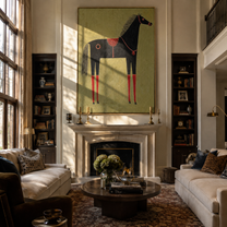 Red Legs Ground the Black Horse - decorative black horse painting by Isabelle Laurent, modern Western vertical wall art – styled room scene view 5