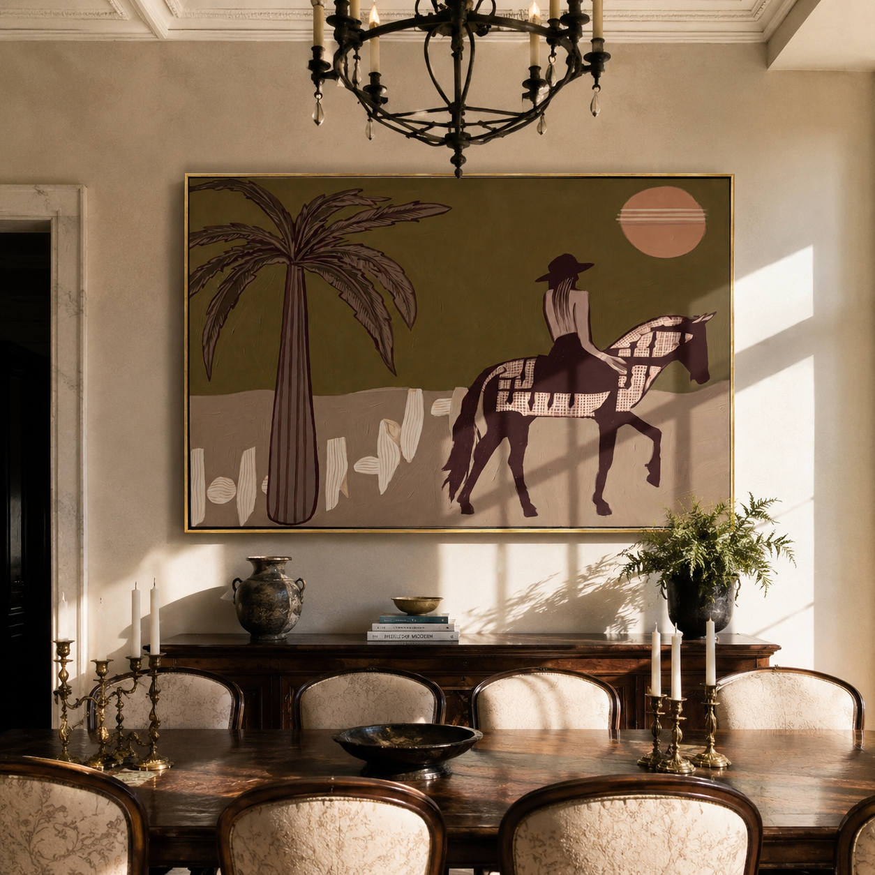 Palm Shadows Follow the Pinto Rider - desert horse rider painting by Isabelle Laurent, modern Western horizontal wall art – styled room scene view 1