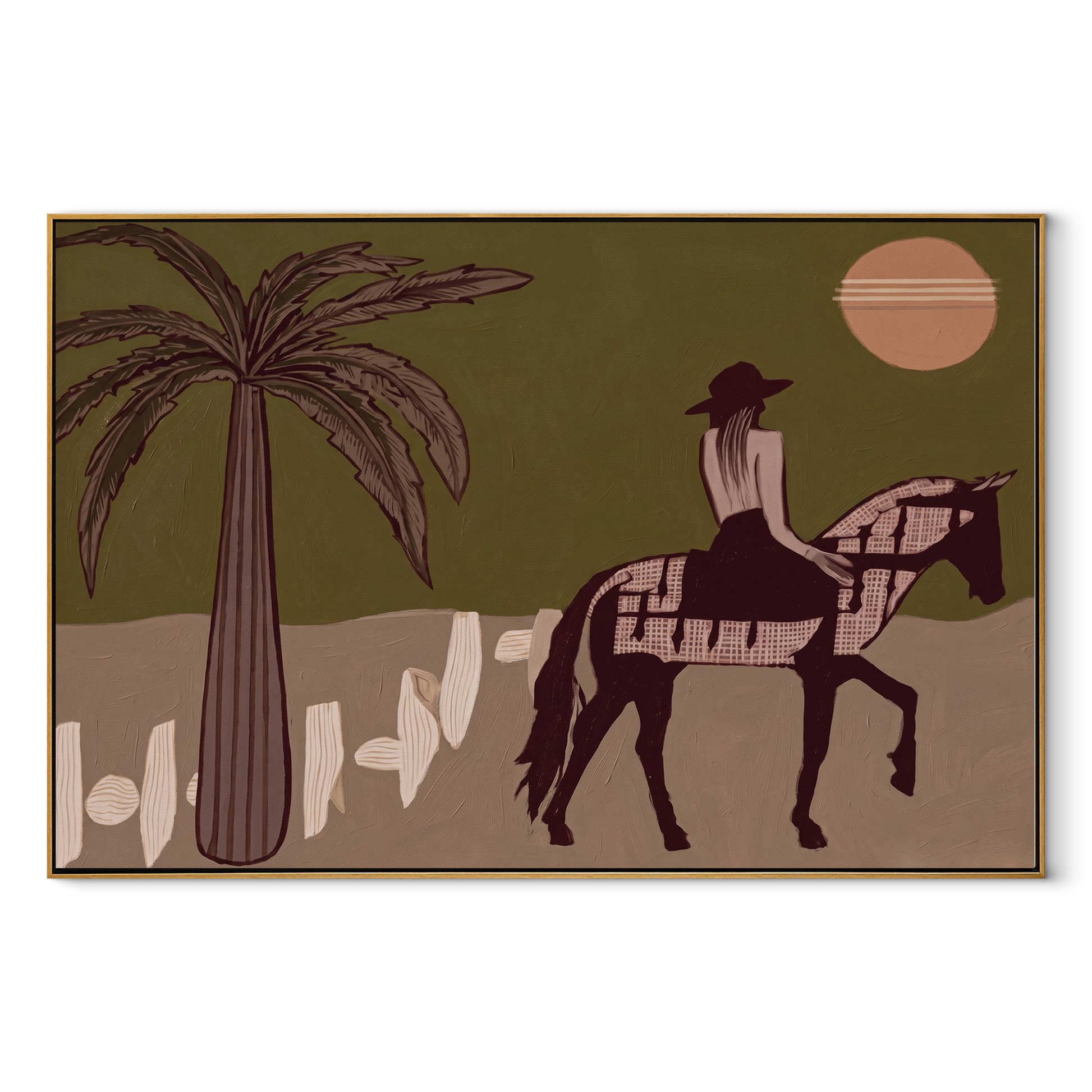 Palm Shadows Follow the Pinto Rider - desert horse rider painting by Isabelle Laurent, modern Western horizontal wall art – wood frame on white background