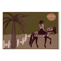 Palm Shadows Follow the Pinto Rider - desert horse rider painting by Isabelle Laurent, modern Western horizontal wall art – wood frame on white background