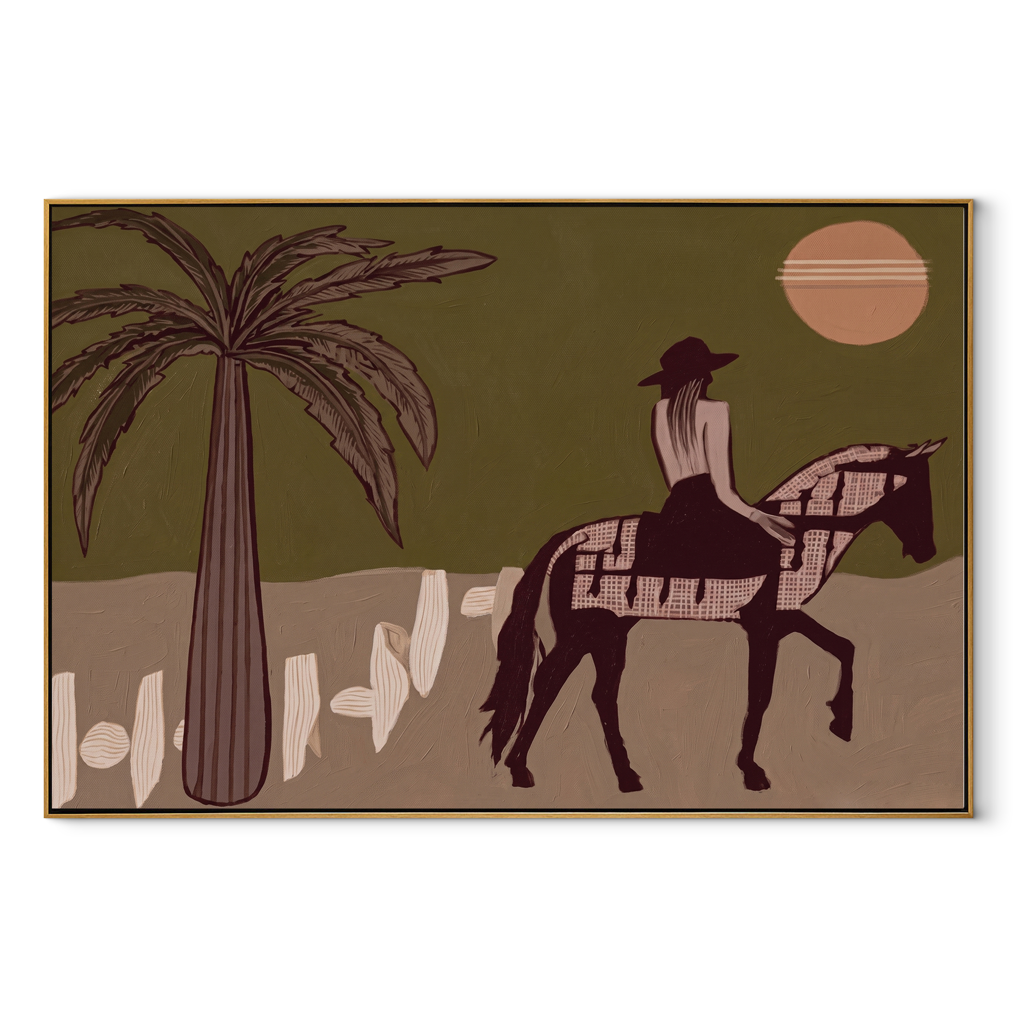 Palm Shadows Follow the Pinto Rider - desert horse rider painting by Isabelle Laurent, modern Western horizontal wall art – wood frame on white background
