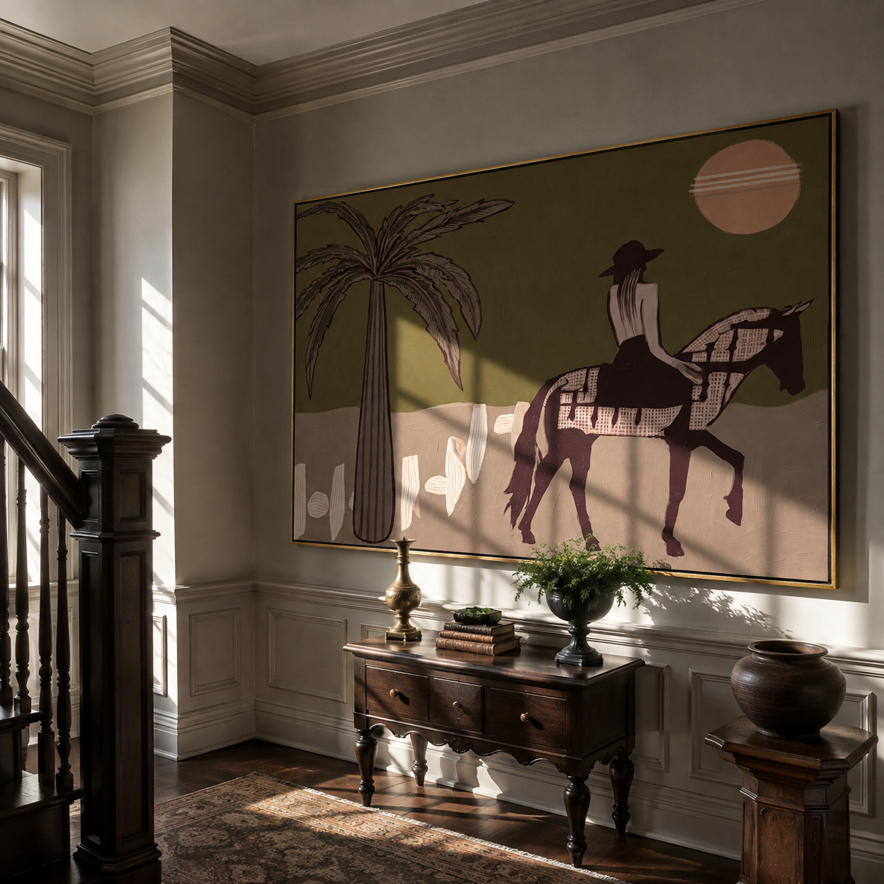 Palm Shadows Follow the Pinto Rider - desert horse rider painting by Isabelle Laurent, modern Western horizontal wall art – styled room scene view 2