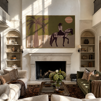 Palm Shadows Follow the Pinto Rider - desert horse rider painting by Isabelle Laurent, modern Western horizontal wall art – styled room scene view 3