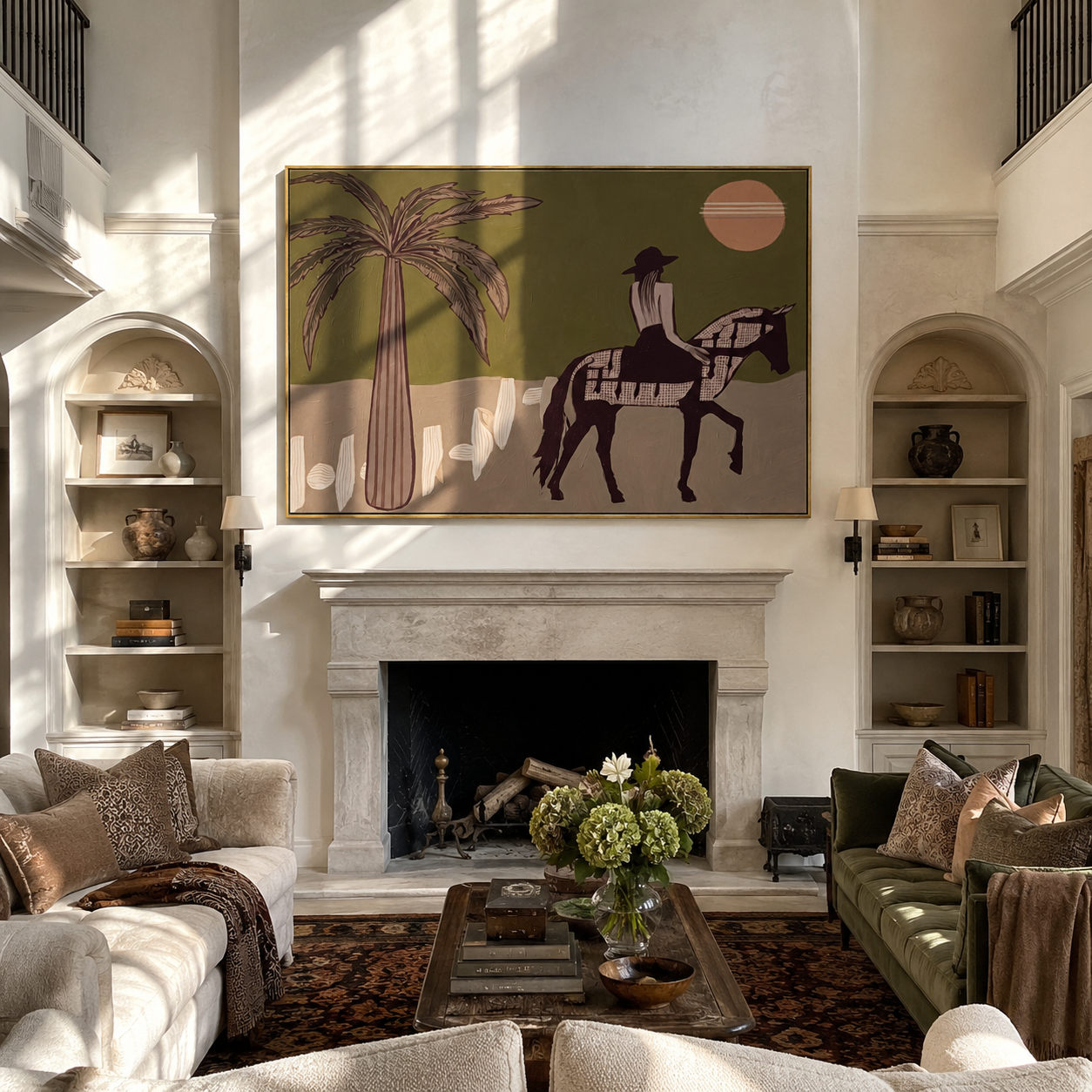 Palm Shadows Follow the Pinto Rider - desert horse rider painting by Isabelle Laurent, modern Western horizontal wall art – styled room scene view 3
