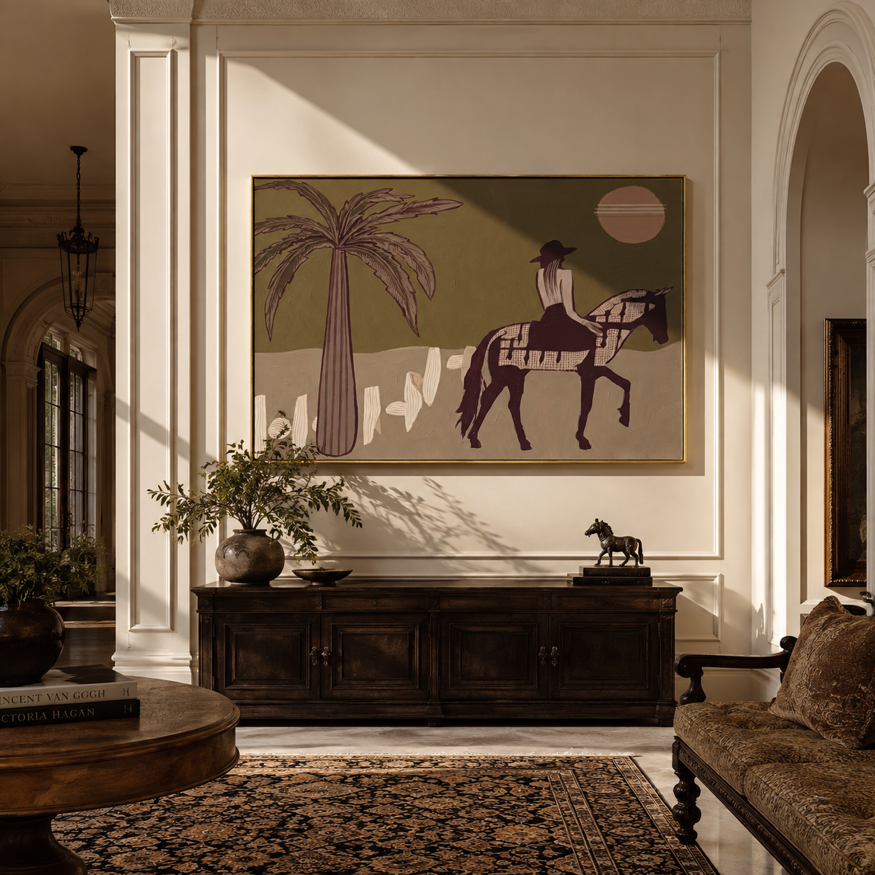 Palm Shadows Follow the Pinto Rider - desert horse rider painting by Isabelle Laurent, modern Western horizontal wall art – styled room scene view 4