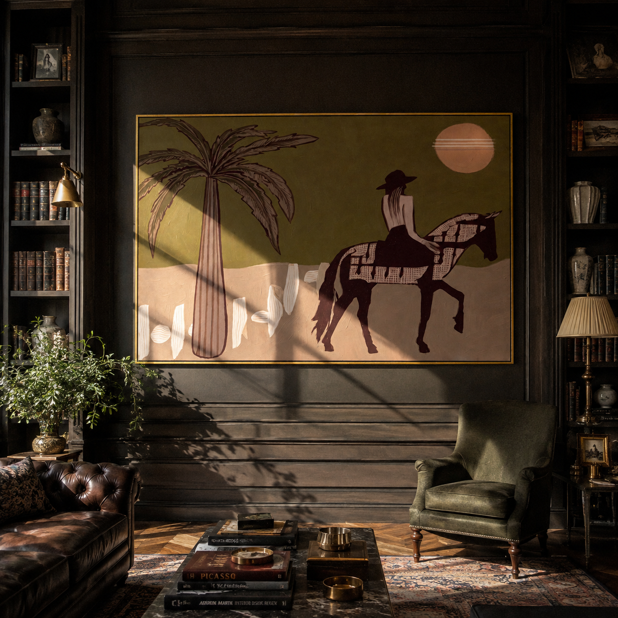 Palm Shadows Follow the Pinto Rider - desert horse rider painting by Isabelle Laurent, modern Western horizontal wall art – styled room scene view 5