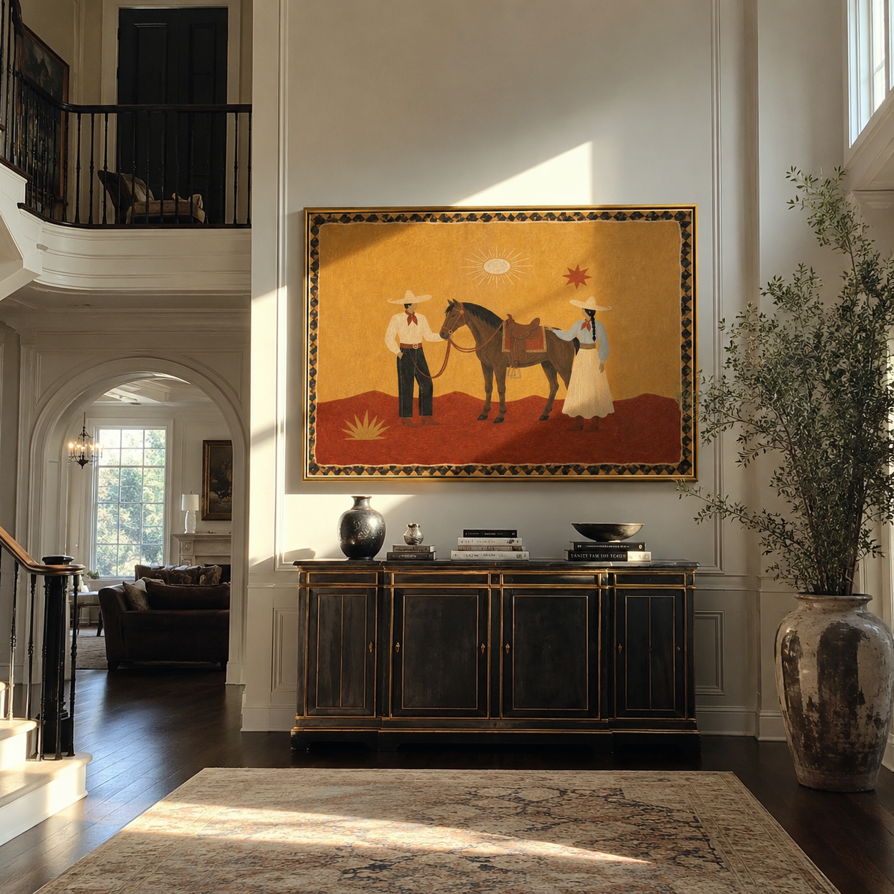 The Desert Family Gathers beside the Horse - horse and family painting by Isabelle Laurent, modern Western horizontal wall art – styled room scene view 1