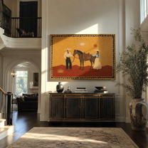 The Desert Family Gathers beside the Horse - horse and family painting by Isabelle Laurent, modern Western horizontal wall art – styled room scene view 1