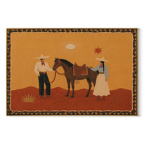 The Desert Family Gathers beside the Horse - horse and family painting by Isabelle Laurent, modern Western horizontal wall art – wood frame on white background