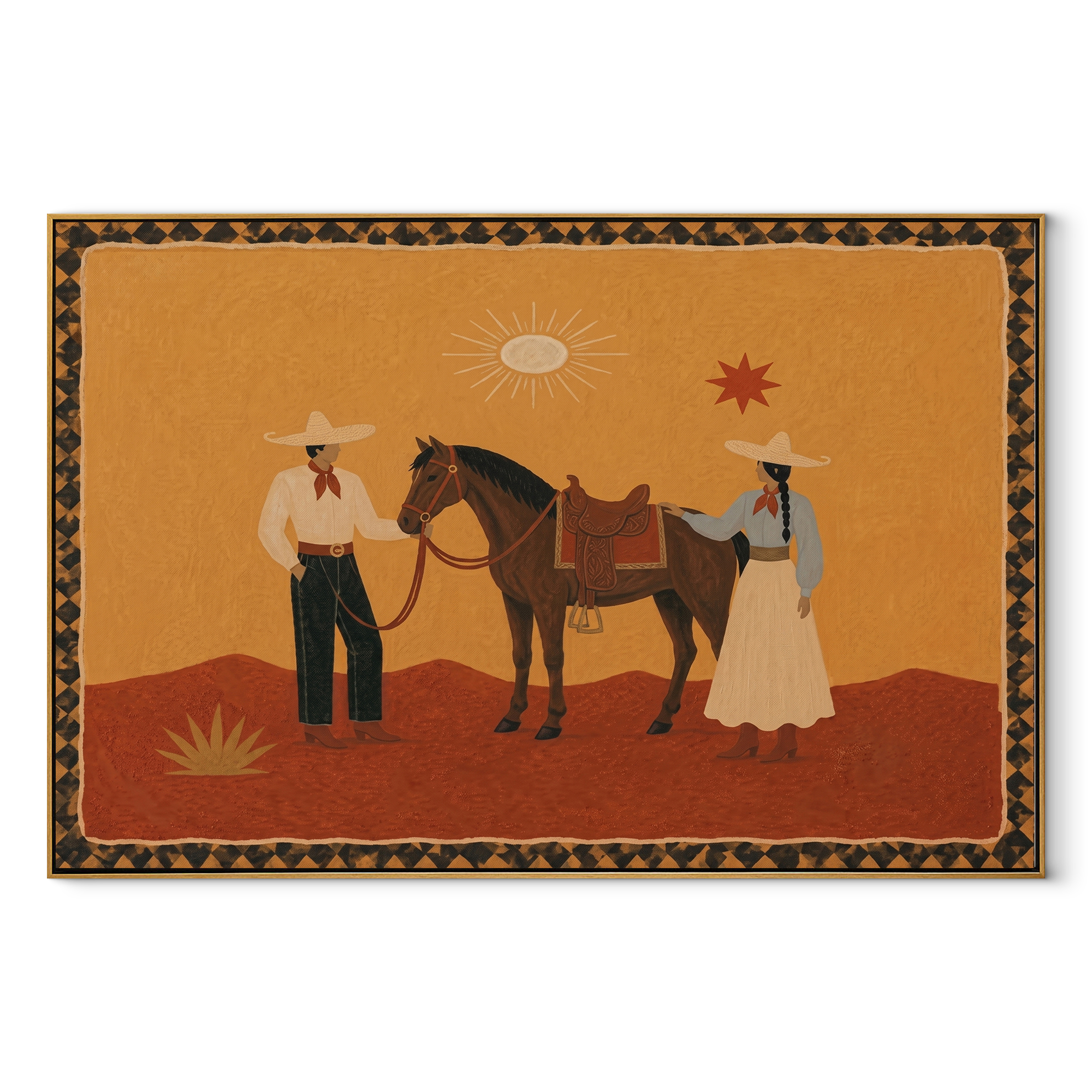 The Desert Family Gathers beside the Horse - horse and family painting by Isabelle Laurent, modern Western horizontal wall art – wood frame on white background